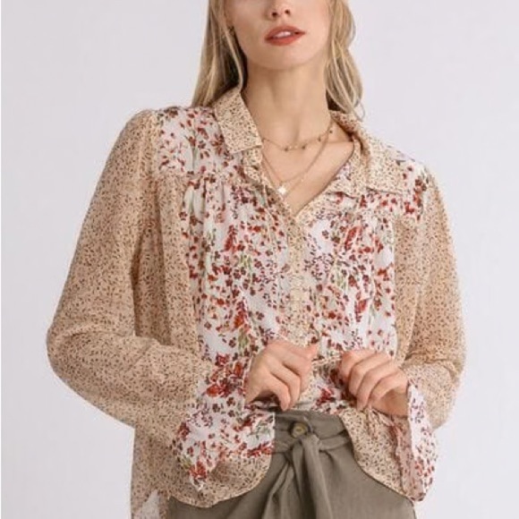 Umgee Tops - Umgee Floral Popover Mixed Pattern Long Sleeve Button Down Blouse Top Size 2XL